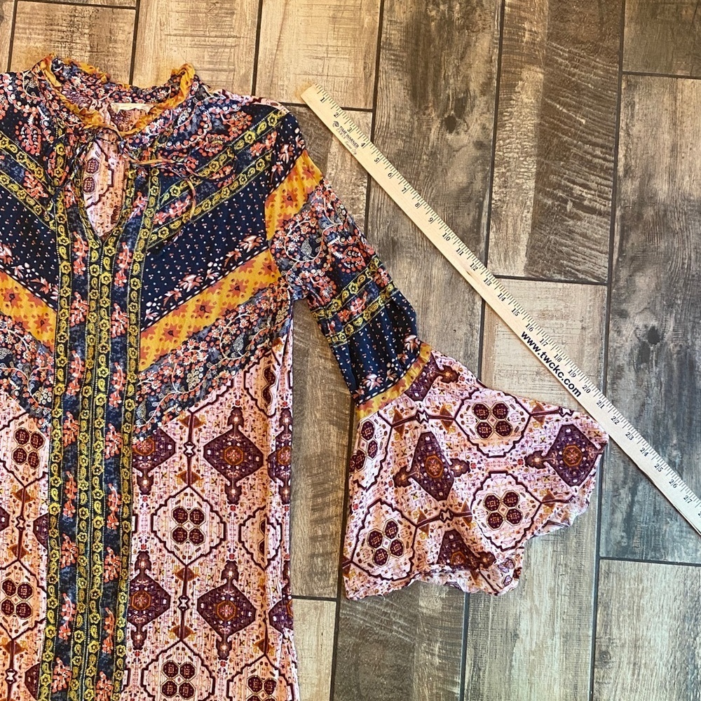 Altar’d State Bohemian Colorful Ruffled Bell Sleeve Dress - Picture 9 of 11